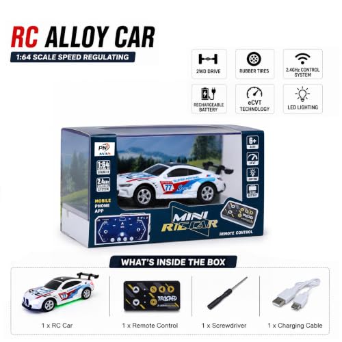 Image of Mini RC Car for Kids with App & Remote Control, 1:64 Alloy Racing Car, 2.4GHz LED Lights, 3 Speed Modes, USB Type-C Rechargeable