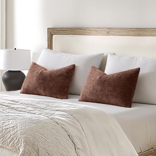 Image of MIULEE Pack of 2 Fall Lumbar Couch Throw Pillow Covers 20x12 Inch Red Brown Modern Boho Accent Decorative Pillow Covers Soft Chenille Farmhouse Cushion Covers for Home Decor Bed Sofa Living Room