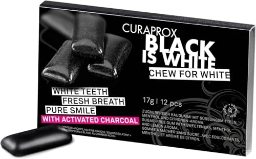 Curaprox Gomma Da Masticare Black is White | Alito Fresco E Sbiancante Per Denti | Carbone Attivo E Idrossiapatite | Confezione Singola