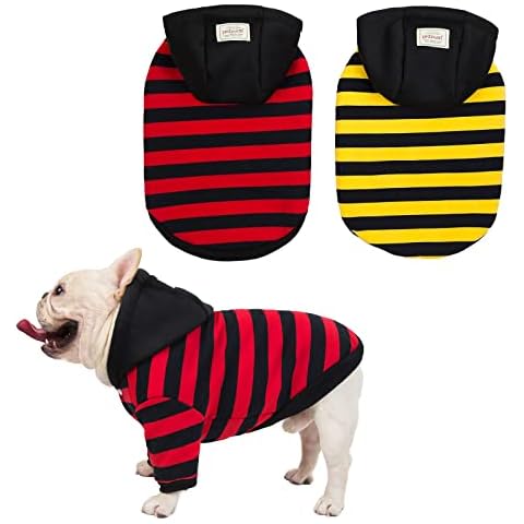 Moorfowl 2 Pack French Bulldog Hoodies Classic Striped Design Dog Sweatshirts Pug Warm Jacket Cold Weather Fleece Lined Dog Coat Fashion Outfit (XL(Chest 19.6",Back 15.7")) Cover