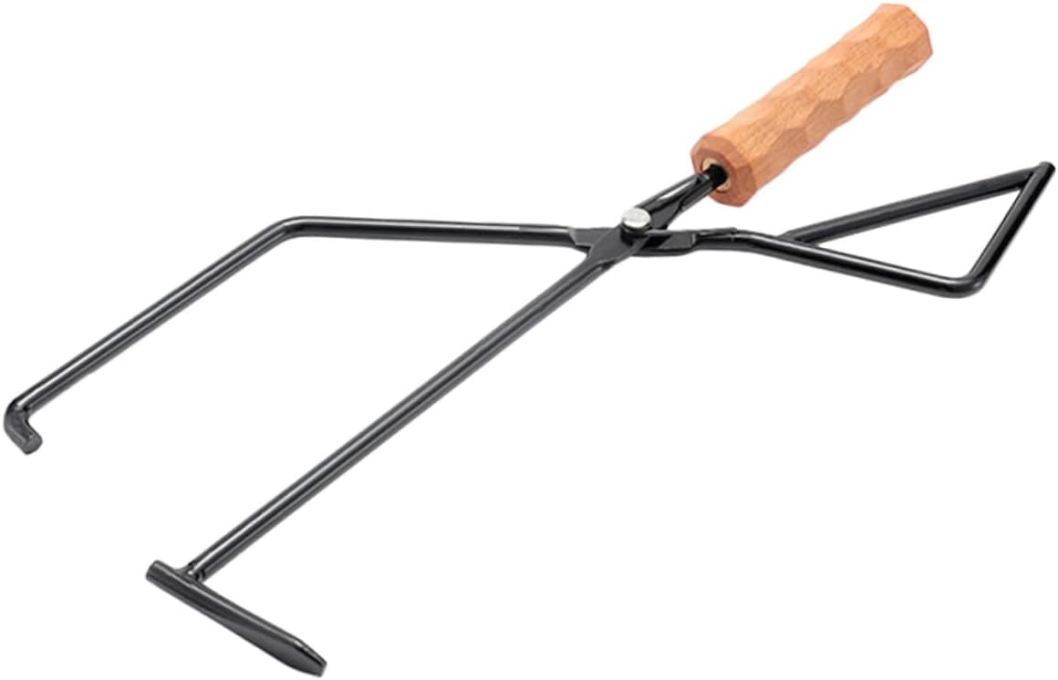 Heavy-duty Metal Charcoal Clamp with Beech Wood Handle Fireplace Tongs for Outdoor Fire Pit Tools Versatile and Wood Grabber for Camping Bbq Picnic and Firewood Handling