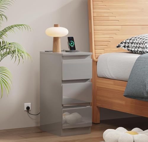 Pantanal Slim Bedside Table 3 Drawers Cabinet Nightstand with Charging Station, 25CM Small Narrow Side Table End Table Wood with 2 USB Ports & Power Sockets for Bedroom Living Room