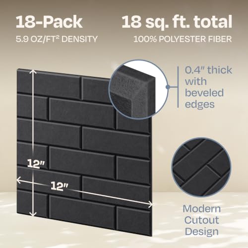 Image of Acoustic Wall Panels 18-Pack, 12 inchx12 inchx0.4 inch Decorative Self-Adhesive Sound Proofing | High Density 3D Brick Soundproof Absorbing Tiles for Walls, Home, Office & Studio - Dark Gray