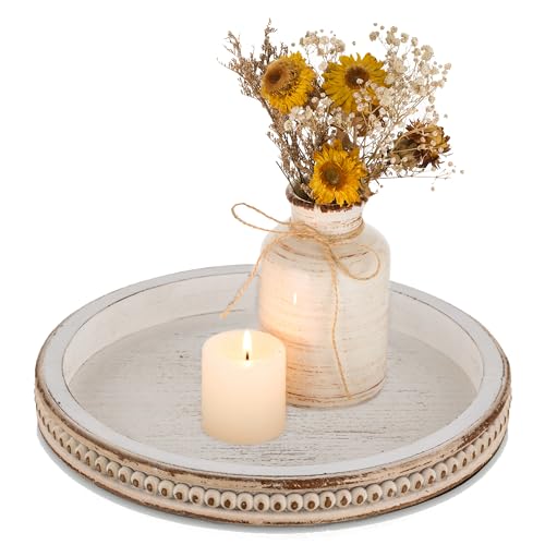 Farmhouse Wood Tray Candle Holder - Romadedi Bead Round Wooden Decorative Tray for Coffee Table Decor Serving Trays Kitchen Counter Rustic Centerpiece for Living Room Home Organizer, White Washed