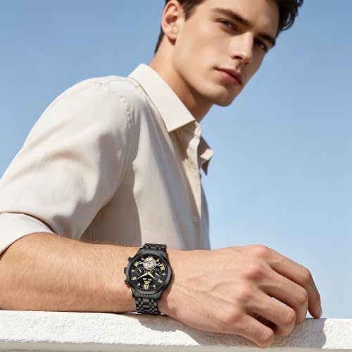 Image of OPK Mens Automatic Watch Multifunction Skeleton Mechanical Wrist Watch with Green Dial Stainless Steel Bracelet Waterproof Luxury Dress Watch for Men