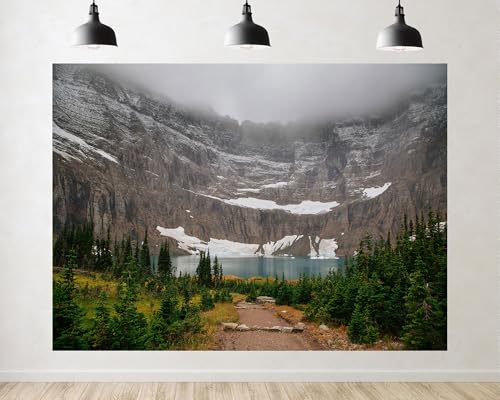 Trykid 5x5ft Glacial Lake Snowy Cliff Pine Forest Misty Peak Backdrop Alpine Cirque Photography Background Mountain Trek Tapestry Party Decoration Photo Booth Prop Fabric