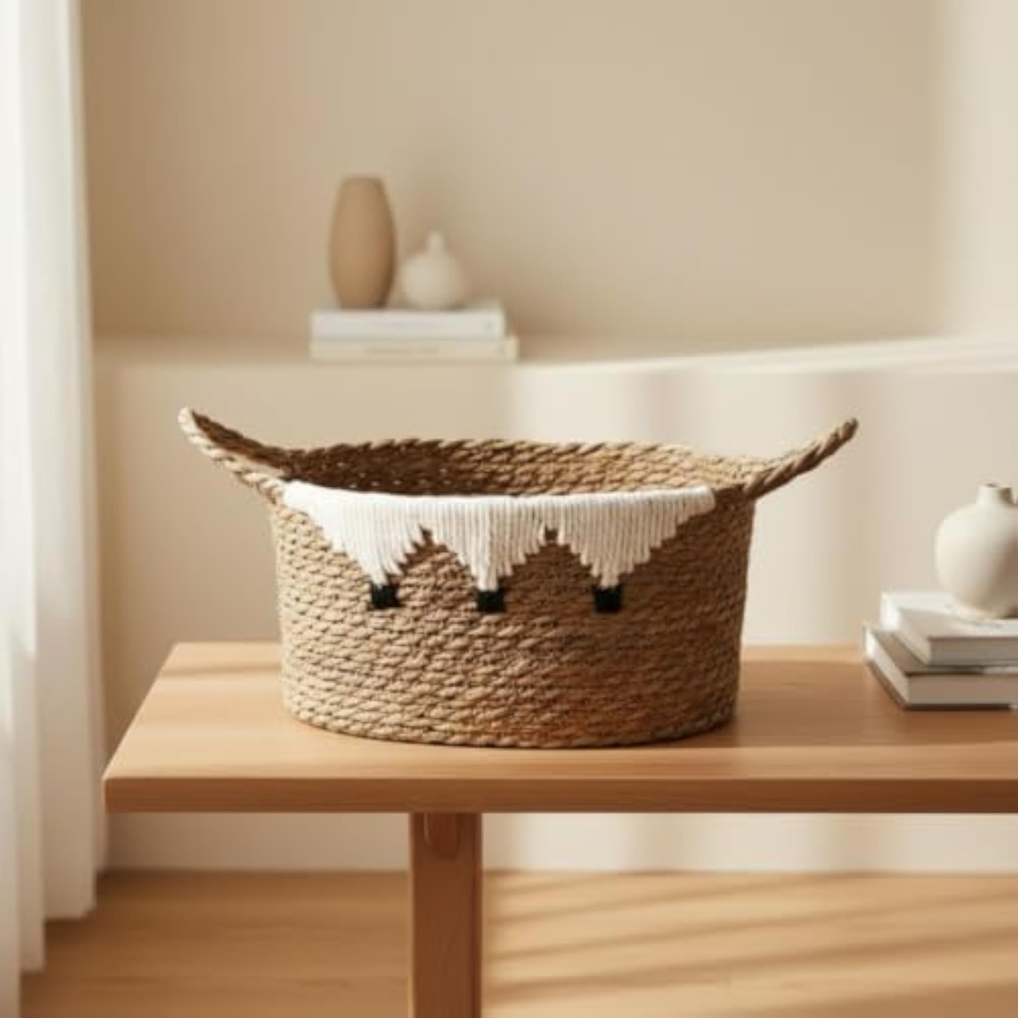Handmade Straw Basket Organizer with Handles