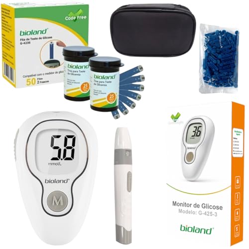 Kit Medidor de Glicose Bioland Modelo G425 - Completo com 75 Tiras + 25 Lancetas e Caneta Lancetadora
