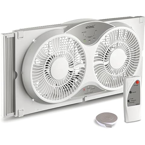 shinic 9" Twin Window Fan with Remote Control,Reversible Airflow,Removable Cover,3 Speeds, 3 Modes, Expandable Panels (From 24" to 37"),ETL Certified, White Cover