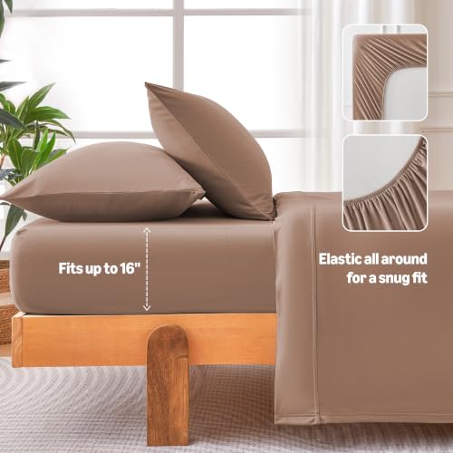 Image of Amazon Basics Jersey Knit 4-Piece Sheet Set, Wrinkle Resistant and Easy Fit, Includes 16 inch Deep Pocket Fitted Sheet, 1 Flat Sheet and 2 Pillowcases, Queen, Light Brown