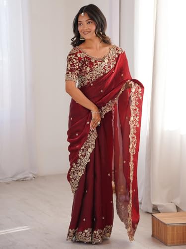 Image of AKHILAM Women's Shimmer Satin Sequence Embroidery Saree With Unstitched Blouse Piece(AARYAN21401 KR Parent)