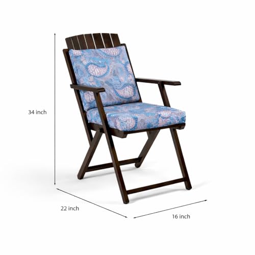 Image of WELL KNOWN Foldable Wooden Outdoor Chair with Cushioned Seat & Backrest - Patio Garden Armchair with Blue Paisley Fabric, Space-Saving Design, 34 Inch Height, Walnut Finish