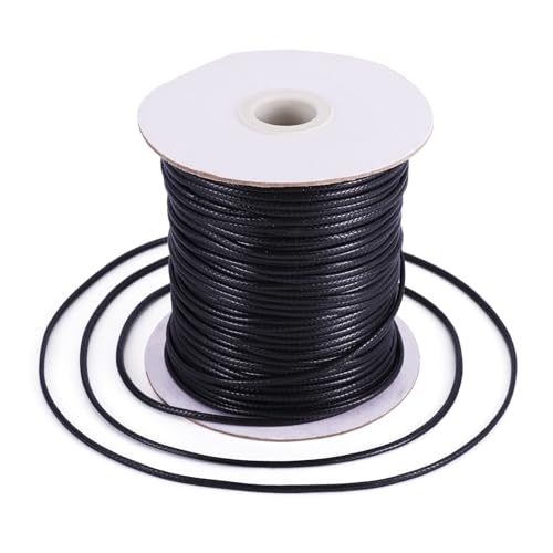 PandaHall 100 Yards/Roll 2mm Braided Waxed Polyester Cord String DIY Jewelry Craft Macramé Making Beading Thread Rope with Spool (Black)