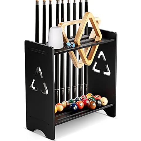 EXTCCT Pool Stick Holder Floor Stand- Billiards Pool Cue Rack Oak Solid Wooden Holds 9 Cues and Pool Table Accessories Organizer with Chalk Cone Holder for Game Room Club or Men Cave Cover