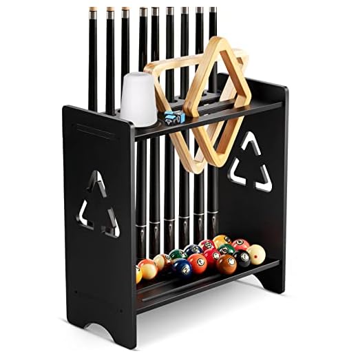 Pool Stick Holder Floor Stand- Billiards Pool Cue Rack Oak Solid Wooden Holds 9 Cues Full Set of Pool Balls and Pool Table Accessories Pool Cue Holder with Chalk Holder for Game Room Club or Men Cave
