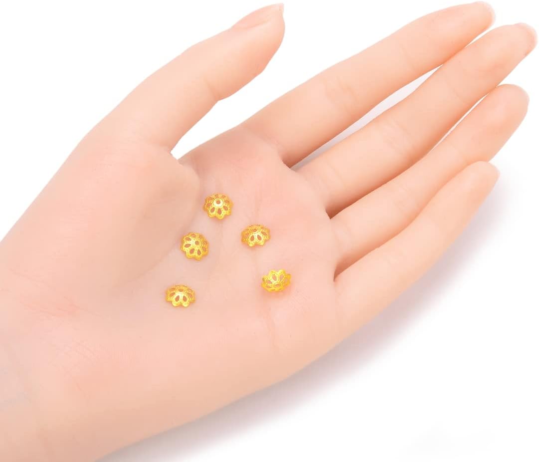 400pcs Pretty 18K Yellow Gold Plated Filigree Flower 8mm Bead Caps