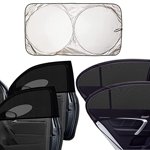 5 Pack Car Window Shades for Baby,Automotive Interior Sun Protection Window Shades Front and Rear Car Window Screens Bonus Front Windshield Sunshade,Breathable Mesh Car Side Window Shade for Baby