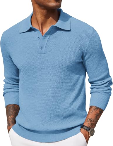 Image of COOFANDY Mens Knit Polo Shirts Long Sleeve Casual Polo Sweaters Shirt Waffle Textured Collared Sweater, Light Blue, XXL