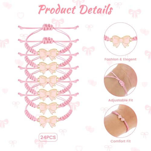 QsiuYbng 24 Pcs Bow Party Favors Bow Bracelet Set for Pink Party Favors Adjustable Braid String Bracelets for Gift Bags Coquette Birthday Decorations Supplies for Cheer Dance Team by QsiuYbng - Image 3