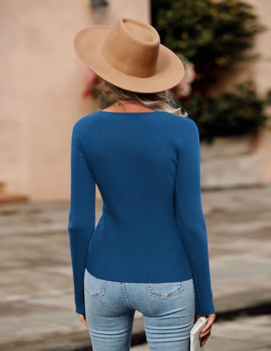 Image of Zeagoo Sweaters for Women 2026 Knit Trendy Long Sleeve Lightweight Slim Fit Pullover Cutout Tops Lake Blue Large