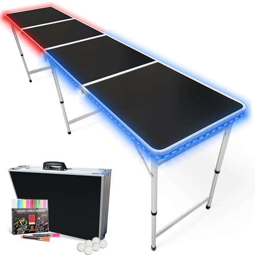 8-Foot Beer Pong Table w/Erasable Surface, Erasable Markers, Music Sync LED Lights & Beer Pong Balls