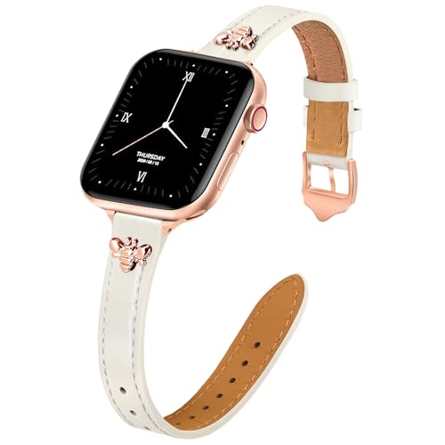 Image of JR.DM Slim Leather Bands Compatible with Apple Watch Band 38mm 40mm 41mm 42mm 44mm 45mm 46mm 49mm, Genuine Leather Band with Charms, Feminine Design for Iwatch Ultra SE Series 11 10 9 8 7 6 5 4 3 2 1
