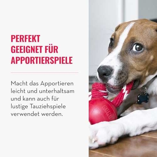 KONG Ball mit Seil - Hundespielzeug mit Seil für einfaches Werfen - Aus strapazierfähigem Naturkautschuk - Für Kleine Hunde - Rot
