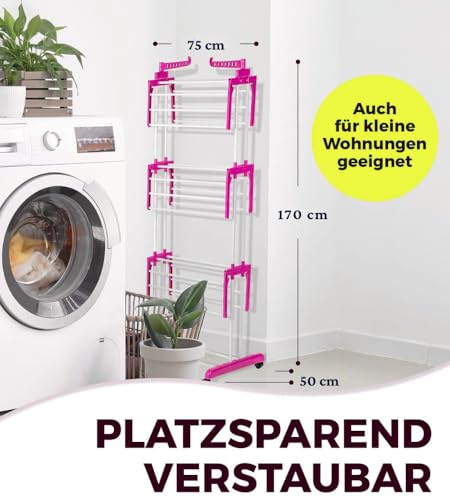 winder home | Wäscheständer Turm 4 Ebenen Klappbar | Turmwäscheständer Ausziehbar mit Seitenflügeln | Wäscheturm für Balkon, Wohnung & Garten | Wäschetrockner 75 × 50 × 170 cm Rosa