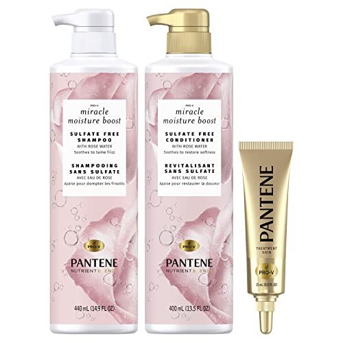 Pantene Shampoo and Conditioner with Rose Water and Hair Treatment Set, Sulfate Free, Nutrient Blends Miracle Moisture Boost