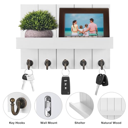 Miniatura 3 de Kldgris Colgador Llaves, Portallaves De Madera, Organizador Llaves Con 5 Ganchos Para Llaves, Llavero Decorativo Para Llaves, Cartas, Periódicos Blanco