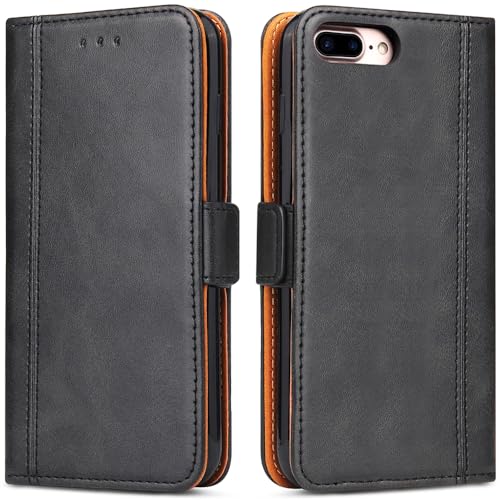 ROJIOJIO Handyhülle für iPhone 7 Plus iPhone 8 Plus Leder Handytasche Kartenfach Klappständer Magnetisch Lederhülle für iPhone 7 Plus/iPhone 8 Plus Hülle Schwarz