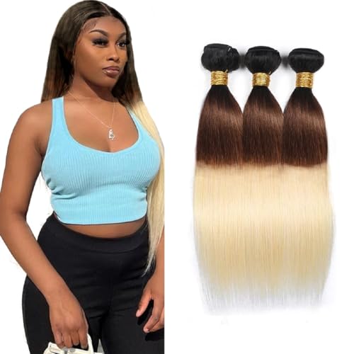 Creuost Straight Human Hair Bundles 1b/4/613 Ombre Brown Blonde Hair Extensions Cheveux Humains TisséS For Women 100% Unprocessed Brazilian Virgin Hair 3 Bundles 14 16 18 Inch