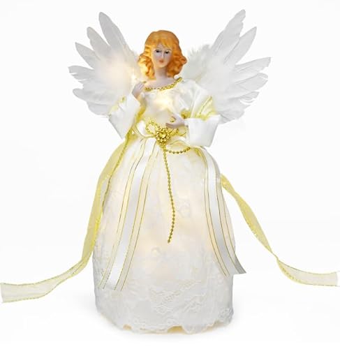 Décor de Sapin de Noël de 32 cm en forme d'ange, Figurines d'ange en or, lumière jaune chaude, pour Noël