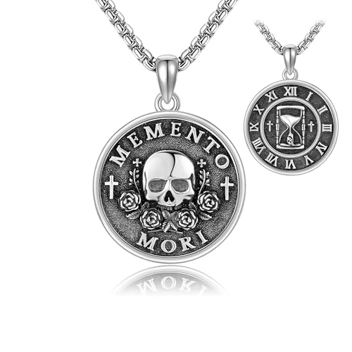 Image of URONE Memento Mori Necklace Sterling Silver Memento Mori Skull Rose Pendant Necklace Skull Jewellery GIfts for Women Men