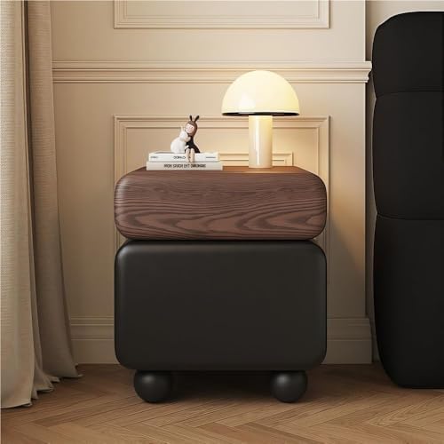 Stylish Leather Nightstand with 2 Drawers - Wood Bedside Table for Living Room, Multi-Scenario Use, Rounded Edges, Color-Matching Design (Brown Khaki, 50 cm)