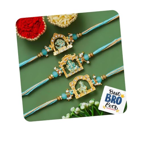 Image of eCraftIndia Set of 3 Om Ganesha Krishna Designer Rakhis | Best Bro Ever Fridge Magnet | Roli Chawal Pack | Rakhi for Brother Bhaiya Bhai Bhabhi Kids