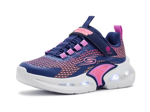 Skechers Kinetic-Lights - Scarpe da ginnastica da bambina, con scomparto nascosto per etichetta localizzatore, Tessuto blu navy/Multi Trim, 13 Little Kid