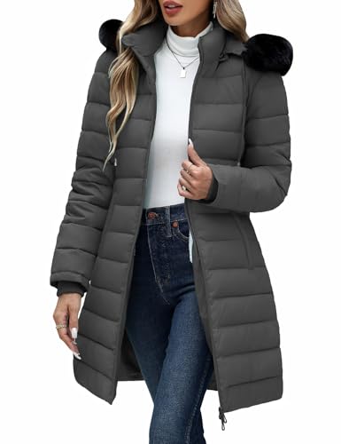 Yusongirl Winter Puffer Coat for Women Thickened Fleece Lined Warm Jackets with Detachable Hooded Waterproof Parka Coats(Dark Gray,L)