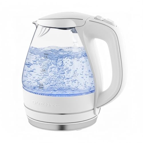 Image of OVENTE Electric Kettle, 1.5L Borosilicate Glass Countertop Water Heater and Boiler for Coffee or Tea, BPA-Free, Auto Shut-Off, Boil-Dry Protection, Removable and Washable Spout Filter, White KG83W