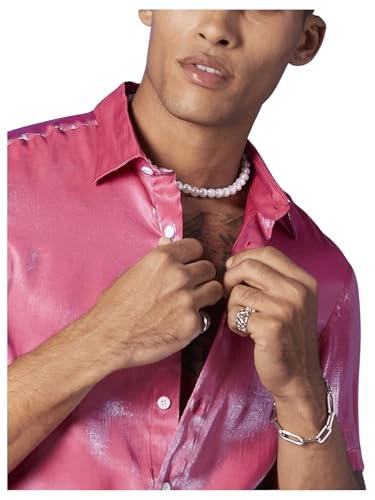 WDIRARA Men's Silk Satin Metallic Button Down Short Sleeve Collared Shirts Rave Disco Club Tops3