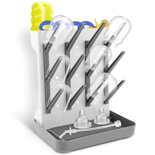 Baby Bottle Drying Rack Vertical Standing Bottle Dryer Rack Holder with Bottom Drip Tray Standing Dring Rack for Baby Bottles Bottle Dryer Stand Baby Bottle Storage Organizer for Countertop (grey)