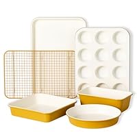 CAROTE 6-Piece Ceramic Baking Pans Set, Aluminized Steel Bakeware Sets, Toxin-Free Nonstick Stackable Oven Pans with Cookie Sheet, Muffin Pan, Loaf Pan, Round & Square Cake Pan, Cooling Rack