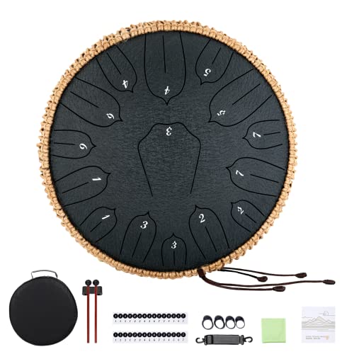 Musfunny Zungentrommel Handpan Steel Tongue Drum: 12 Zoll 15 Tone Stahlzungentrommel D-Dur Handpan Instrument mit Musikbuch Tragetasche für Geburtstagsgeschenk Meditation Yoga (Schwarz)