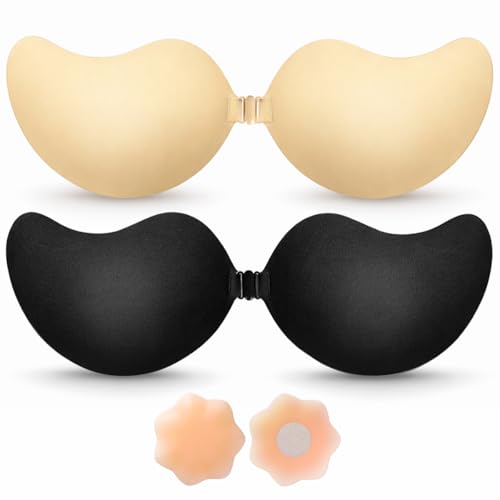 BLOOMORA Soutien-Gorge Adhésif Push Up – Soutien-Gorge Dos Nu sans Bretelles Invisible avec Clip – 2 Soutiens-Gorge Adhésifs Noir & Beige +...