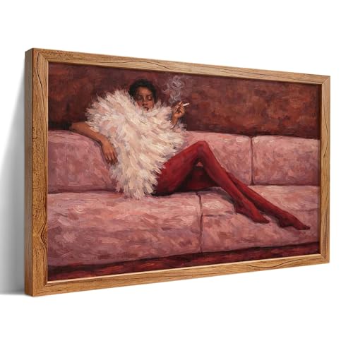 Trendy Pink Canvas Wall Art Eclectic Woman In Sofa Poster Abstract People Portrait Painting Vintage Victorian Prints Funky Minimalist Aesthetic For Living Room Bedroom Decor 20x30in Wood Grain Framed