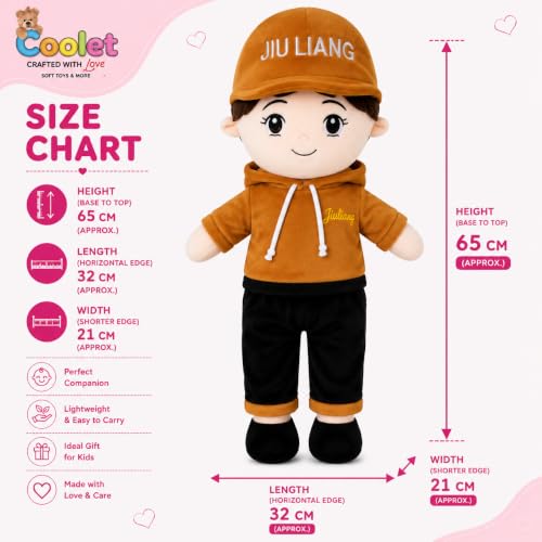Image of Jiuliang Boy Soft Doll 65 cm | Cute Plush Boy Doll with Cap, Hoodie & Black Pants | Soft Stuffed Toy for Kids | Birthday Gift for Boys & Girls(Orange /Black)