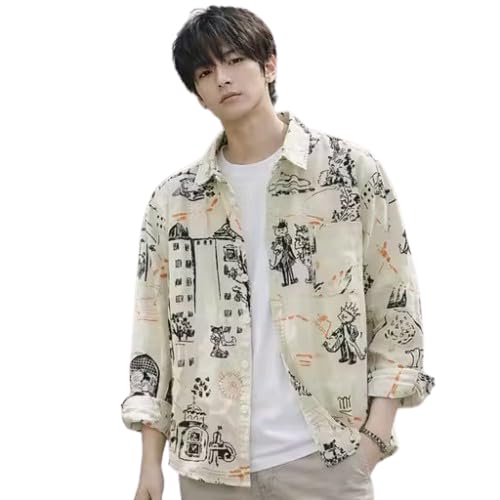 Men's Abstract Graffiti Print Casual Long Sleeve Shirt, Cream, Button-Up, Relaxed Fit - Review, Price and Buying Guide