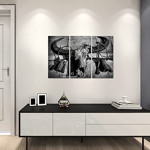 Fushvre - 3 Piece Western Art Wall Decor Buffalo Bull Cow Horn Skull Picture Prints On Canvas Black And White Animal Head Painting For Cowboys Bedroom Living Room Decorations Framed 12"X24" #TOP2