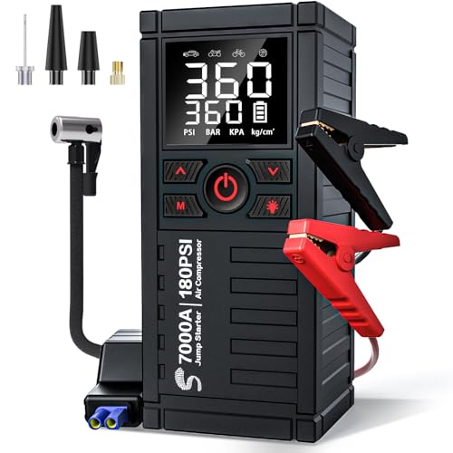 Jump Starter with Air Compressor, 160PSI Car Battery Jump Starter Jump Box (All Gas/10.0L Diesel), Battery Jumper Starter Portable Jumper Cables, Large LCD Display, LED Light