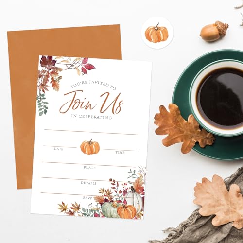 Invitaciones en blanco para Acción de Gracias Whaline con hojas de otoño y diseño rústico 4